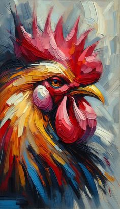 a painting of a rooster with red and yellow feathers