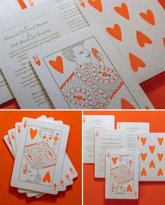 an orange and white wedding card with hearts on it