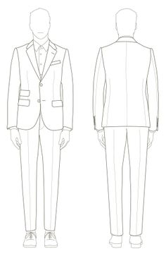 a line drawing of a man's suit and tie, from front to back