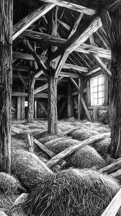 the inside of an old barn with hay in it and trees growing on the floor