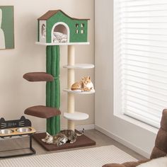 two cats laying on top of a cat tree in a living room