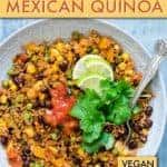 mexican quinoa recipe on a plate with cilantro and lime