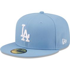 the los angeles dodgers new era 59fifty cap is light blue with white lettering