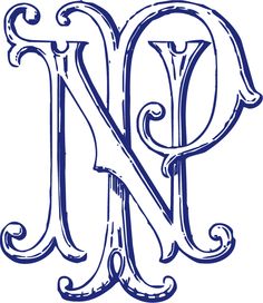 the letter n is made up of swirly scrolls and has been drawn in blue ink