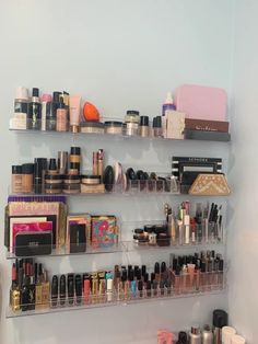 (ad) Makeup desk - Bedroom Furniture. . Read more at the image link. Shelves For Small Bathroom, Acrylic Book Shelves, Small Makeup Studio, Makeup Suite, Home Makeup Studio, Makeup Storage Wall, Makeup Studio Ideas, Small Bathroom Shelves, Makeup Studio Decor