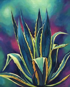 an acrylic painting of a blue agavena plant on a purple background