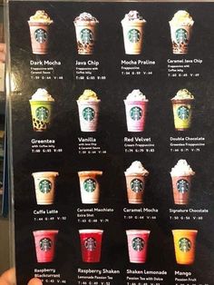 the menu for starbucks's coffee cups is shown in black and red colors, with different flavors