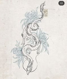 an ink drawing of a dragon with flowers on it's back and the letter z in chinese writing