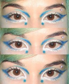 Creative Eye Makeup Colorful, Cyberpunk Makeup Eye, Alien Theme Makeup, 2005 Makeup Looks, Futuristic Eyeliner, Alien Aesthetic Makeup, Blue Alien Makeup, Alien Eyeliner, Alien Inspired Makeup