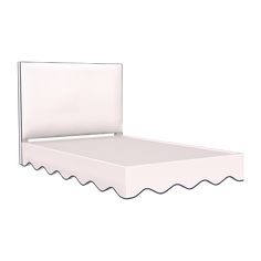 a white bed frame with scalloped edges and a single mattress on the bottom