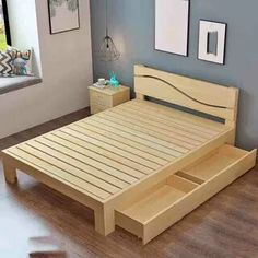 a wooden bed frame with two drawers on the bottom and one drawer open in front of it