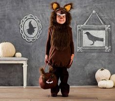 a little boy dressed up as a wolf holding a bag and wearing an animal costume