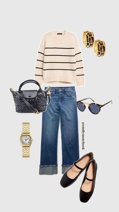 “Discover the perfect blend of classic and trendy fall style with this chic outfit! Featuring brown-hued rolled jeans, a striped sweater with tortoise details, and stylish ballet flats. Ideal for cozy days out and seasonal gatherings. #FallFashion #OutfitInspiration #StyleTrends” Classic Cozy Outfit, Brown Striped Sweater Outfit, How To Style V Neck Sweater, Ballerina Shoes Outfit, Classy Airport Outfit, Revamp Wardrobe, Striped Sweater Outfit, Rolled Jeans, Fall Attire