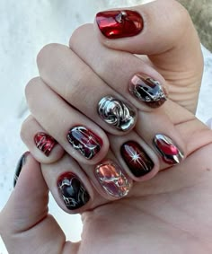 Nails Galaxy Design, Abstract Nail Art Short Nails, Red Cat Eye Nails Design, Rock Nails Grunge, Unusual Nails, Dark Nail Art