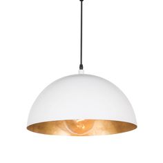 a white and gold pendant light hanging from a ceiling