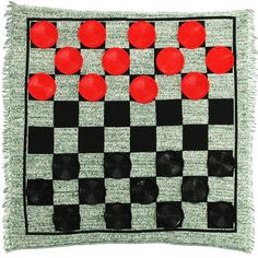 a black and white checkered board with red circles