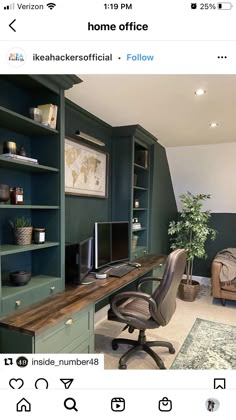 a home office with desk, chair and bookshelf in the middle of it