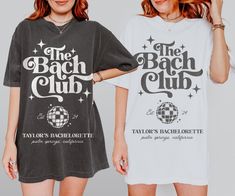 Elevate the bachelorette party scene with our 'The Bach Club' shirt - a dazzling fusion of disco vibes and personalized flair. This tee is adorned with a glittering disco ball and is the ultimate party essential, boasting the bride's name, party location, and year for a one-of-a-kind celebration keepsake that radiates retro charm and individual style. 👕 COMFORT COLORS UNISEX 1717 T-SHIRT DETAILS 👕 * Material: Crafted with 100% ring-spun cotton for a soft and luxurious feel. * Fabric Treatment: Experience the coziness of soft-washed, garment-dyed fabric. * Fit: Designed with a relaxed fit, making it a perfect choice for daily wear. * Stitching: Enhanced durability with double-needle stitching throughout. * Design: Tubular shape maintained due to the absence of side-seams, ensuring a consi Custom Bachelorette Shirts, Club Bachelorette, Retro Bachelorette, Disco Vibes, Party Location, The Bachelorette Party, Custom Bachelorette, The Bachelorette, Party Scene