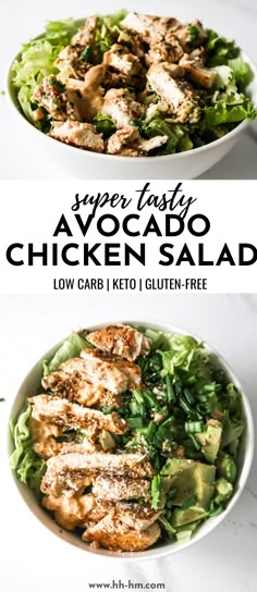 chicken salad with lettuce and avocado in a bowl on the side