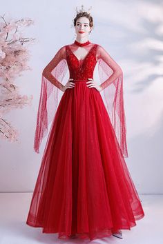 Shop beautiful red tulle long prom dress with sequin cape online. Sheprom offers formal, party, casual & more style dresses to fit your special occasions. Prom Dresses Long Princesses, Cute Prom Dresses Long, Prom Dress With Shawl, Dress With Corset Top, Tulle Long Prom Dress, Sequin Cape, Tulle Party Dress, Dress With Corset, Dress With Shawl