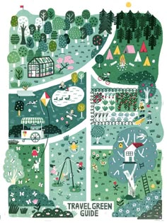 an illustrated map with trees, buildings and people