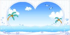 two palm trees in front of a heart shaped window with birds flying over the water