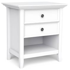 a white nightstand with two drawers on one side and an open drawer on the other