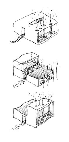 three drawings of different types of boxes with one open and the other closed, all drawn in black ink