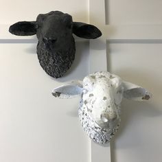 two sheep head mounted to the side of a white wall next to another animal's head