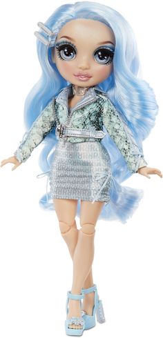 a doll with blue hair and dress is standing on a white surface in front of a white background