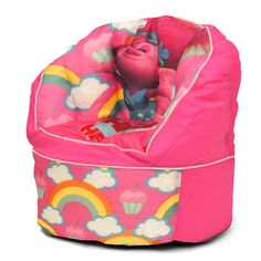 the bean bag chair is pink with rainbows and clouds