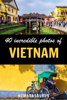 a man riding a bike down a street next to a yellow wall with the words 40 incredible photos of vietnam on it