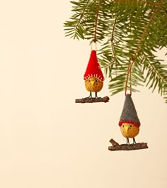 two ornaments hanging from a tree branch with pine needles in the shape of gnomes