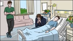 a man standing next to a woman laying in a hospital bed while another person talks on the phone