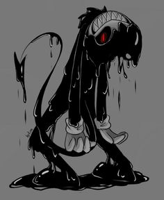 a black and white drawing of a monster with red eyes