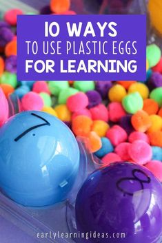 two plastic eggs with faces drawn on them and the words 10 ways to use plastic eggs for learning