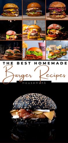 the best homemade burgers recipe is shown in this collage with images of hamburgers