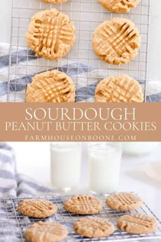 peanut butter cookies on a cooling rack with milk in the background and text overlay that reads, sourdough peanut butter cookies