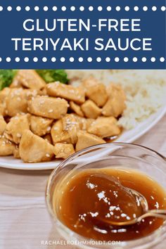 chicken teriya sauce on a plate with rice and broccoli in the background