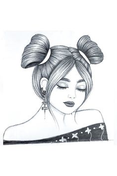 a drawing of a woman with long hair and earrings on her head, looking down at the