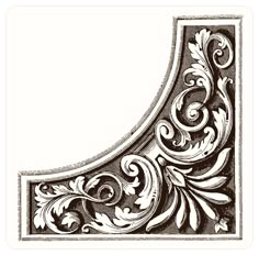 an ornate design with swirls and leaves in black on a white background, vintage line drawing or engraving