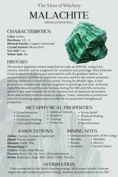 Malachite Crystal Properties, Malachite Crystal Meaning, Malachite Properties, Malachite Meaning, Crystal Meanings Charts, Crystal Malachite, Energy Stones Crystal Healing, Best Healing Crystals, Spiritual Coaching