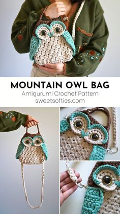 a crocheted owl bag is shown in three different pictures