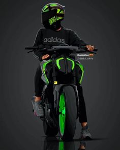 a young man riding on the back of a green and black motorbike in front of a dark background