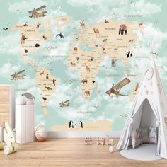 Papier Peint Carte du Monde en Français | Le Petit Intissé Wallpaper For Kids Bedroom, Kids Bedroom Wallpaper, Wallpaper Design For Bedroom, Wallpaper For Kids, Map Wall Mural, My Wallpaper, Safari Nursery Decor, Nursery Decor Boy, Map Wallpaper