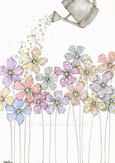 a drawing of flowers with a watering can in the air above them, and an image of