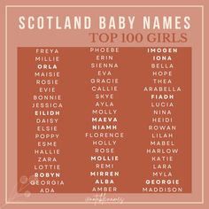 the top 100 names for scotland's baby names on a pink background with white lettering