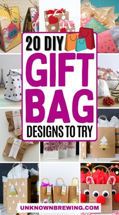 the words 20 diy gift bag designs to try on top of pictures of bags