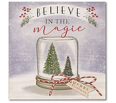 believe in the magic card with christmas trees and candy canes under a glass jar