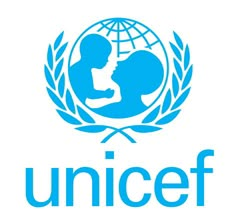 the unicef logo is shown in blue